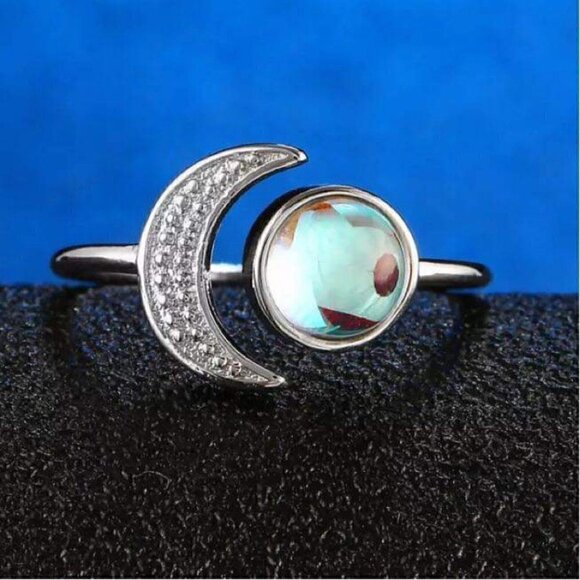 OPEN Crescent Moon and Faux Moonstone Silver Ring - Picture 1 of 8